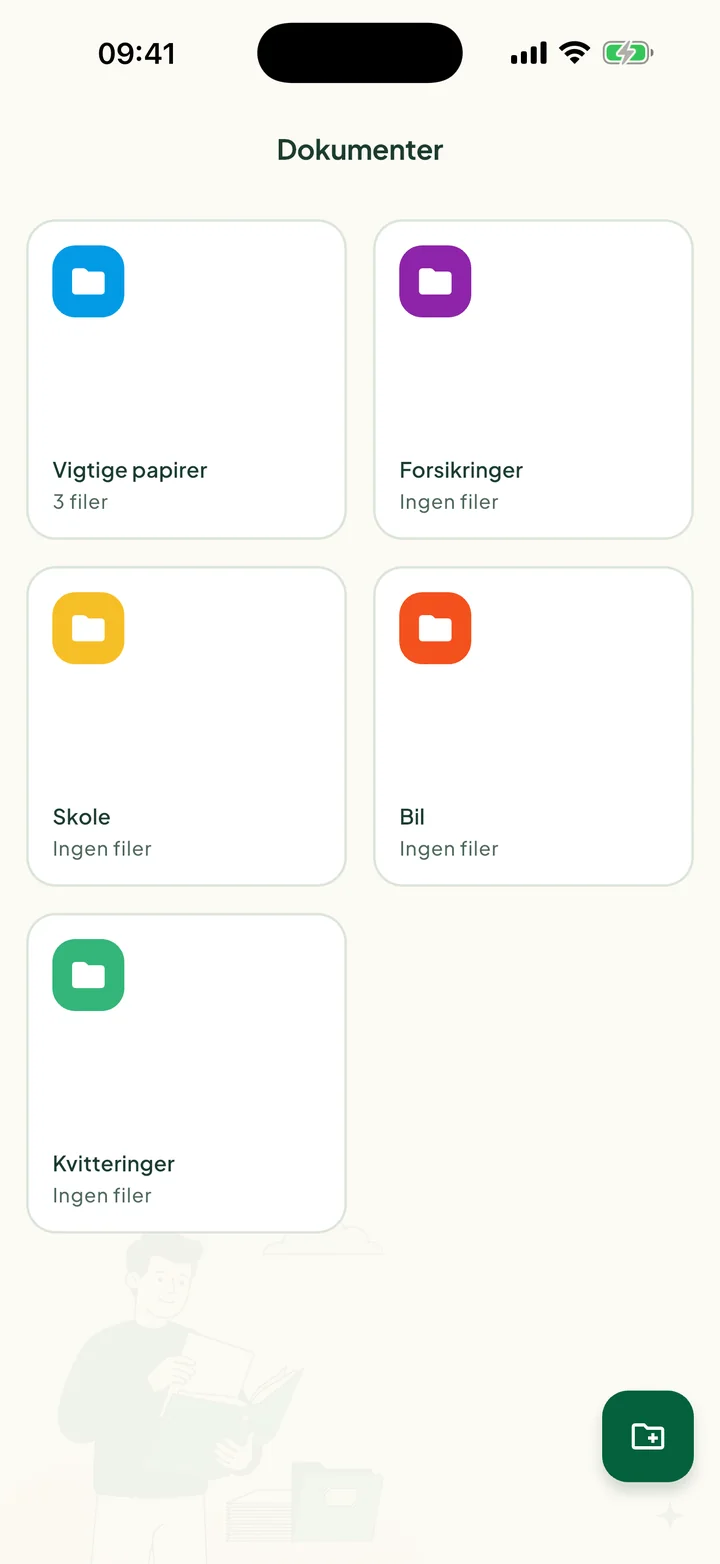 Skærmen Dokumenter med fem mapper: Vigtige papirer, Forsikringer, Skole, Bil og Kvitteringer.