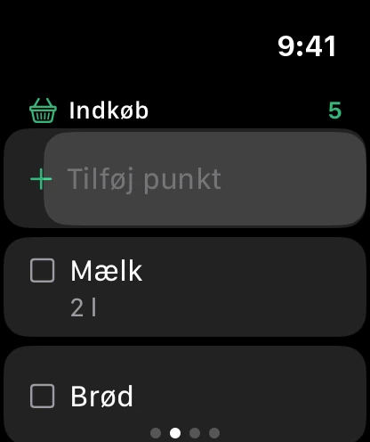 Indkøbslisten på uret med Tilføj punkt øverst.
