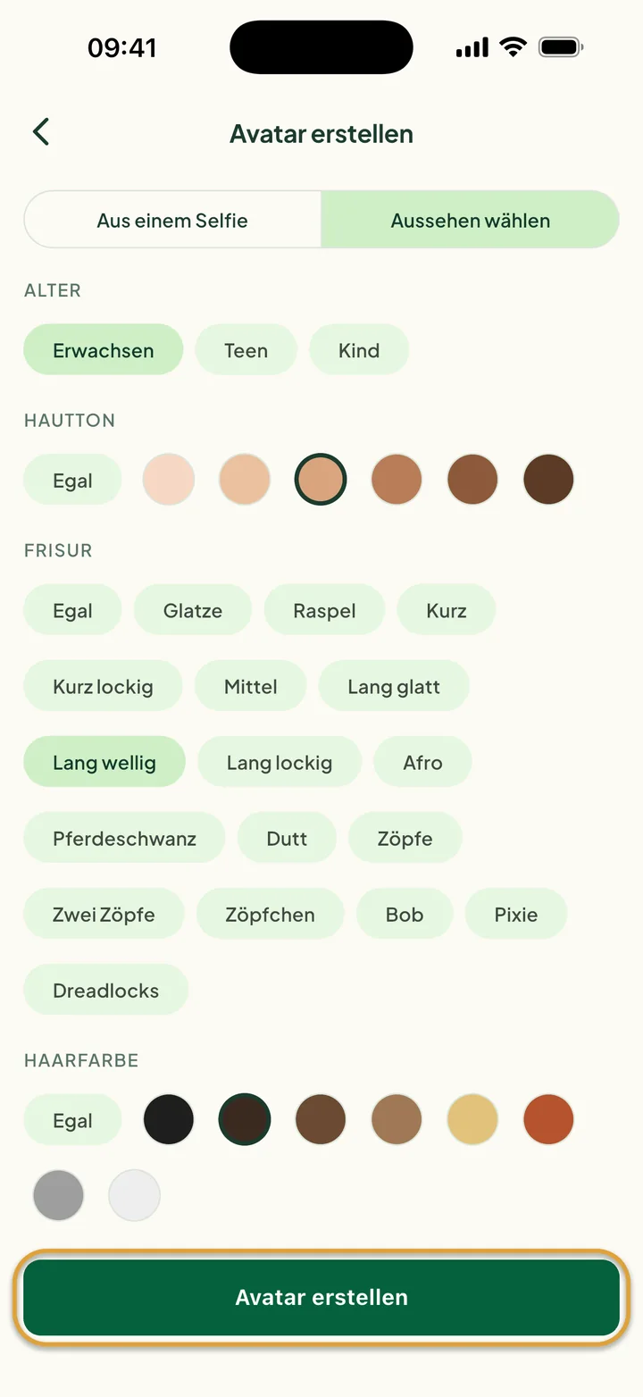 Aussehen wählen mit Erwachsen, einem Hautton sowie Lang wellig und Dunkelbraun als Haare. Avatar erstellen ist eingekreist.