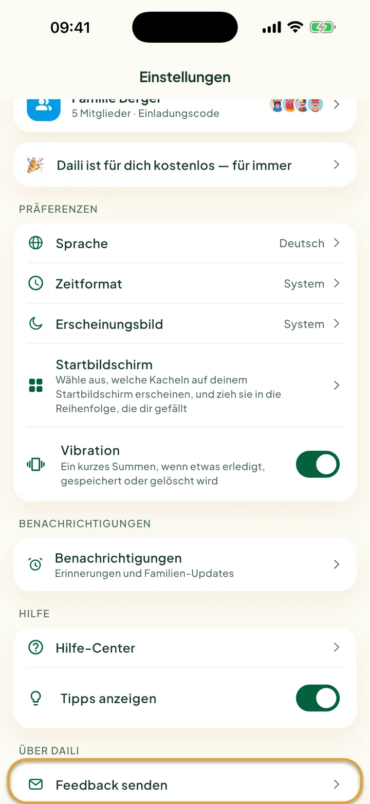 Der Bildschirm Einstellungen. Feedback senden, unter Über Daili, ist eingekreist.