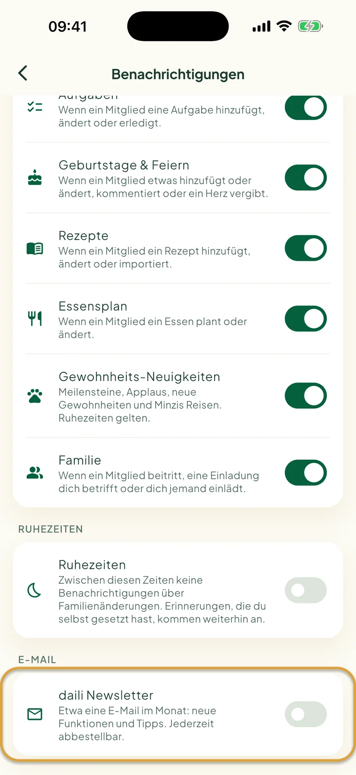 Der untere Teil des Bildschirms Benachrichtigungen. Der Schalter daili Newsletter, unter E-Mail, ist eingekreist.