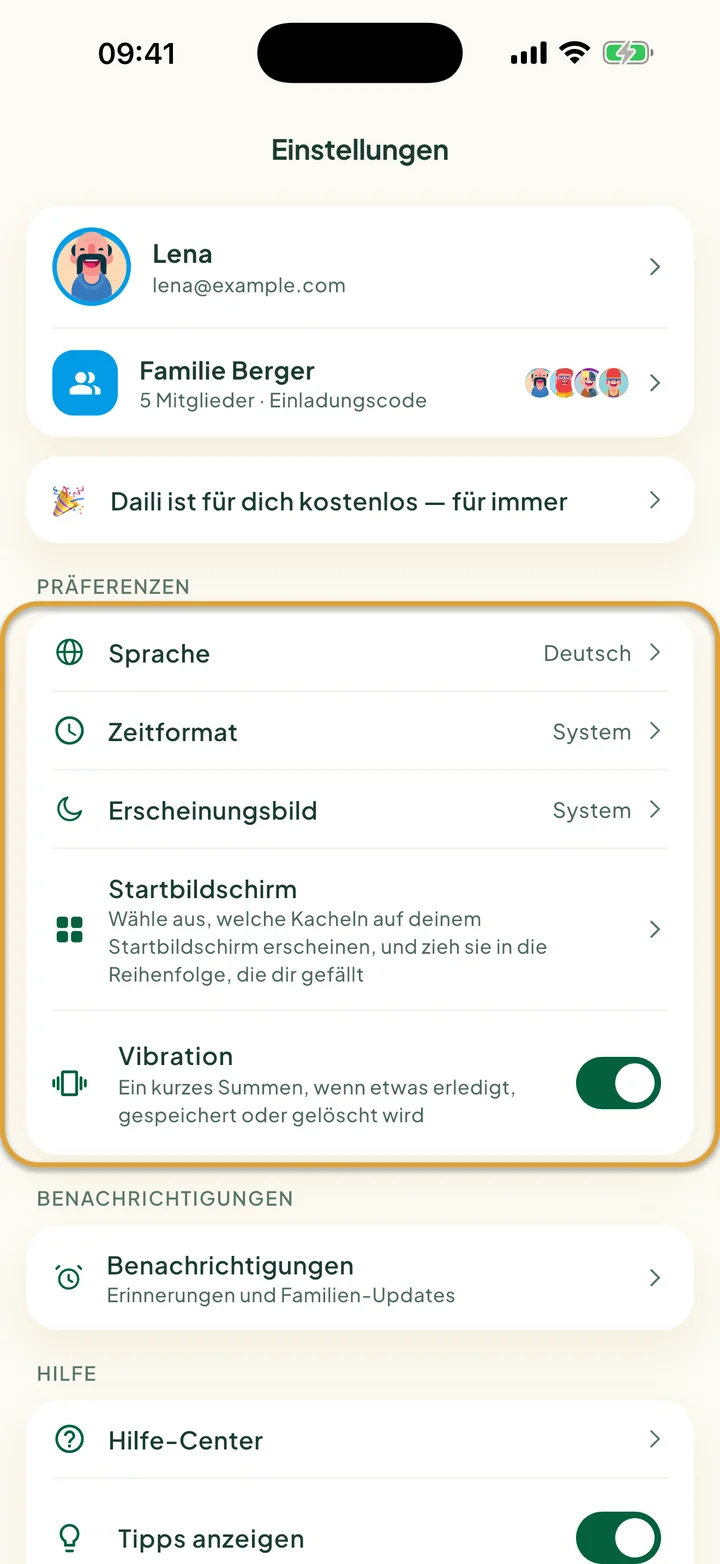 Der Bildschirm Einstellungen. Die Karte Präferenzen mit Sprache, Zeitformat, Erscheinungsbild, Startbildschirm und Vibration ist eingekreist.