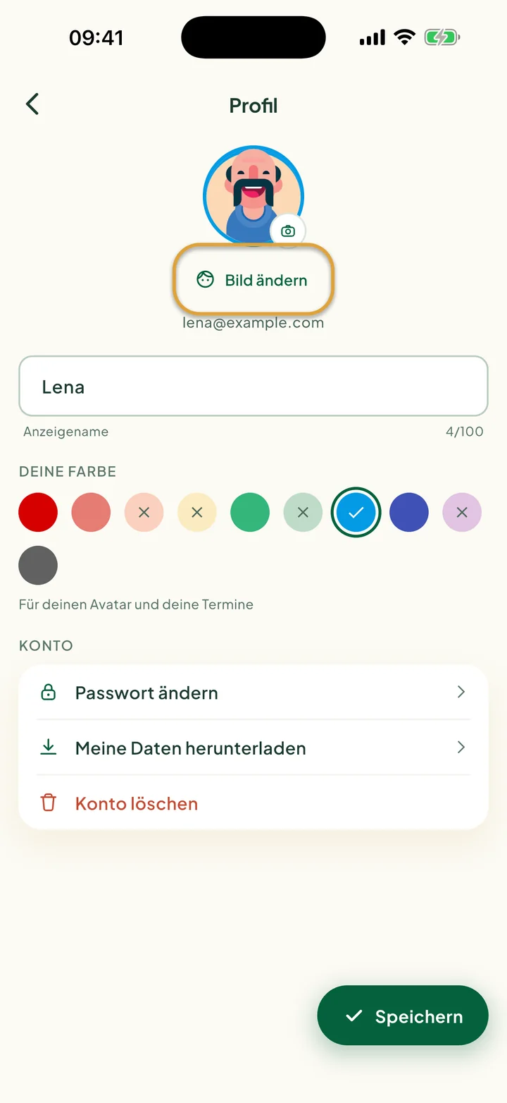 Der Profilbildschirm mit Name, Farben und den Zeilen zum Konto. Bild ändern ist eingekreist.