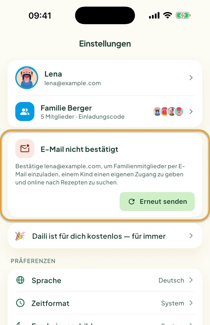 Der obere Teil der Einstellungen. Die Karte E-Mail nicht bestätigt mit dem Button Erneut senden ist eingekreist.