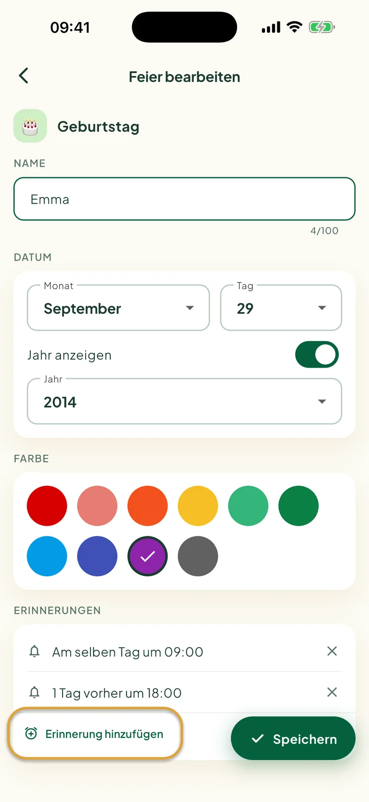 Der Bildschirm Feier bearbeiten mit zwei Erinnerungen. Der Button Erinnerung hinzufügen ist eingekreist.