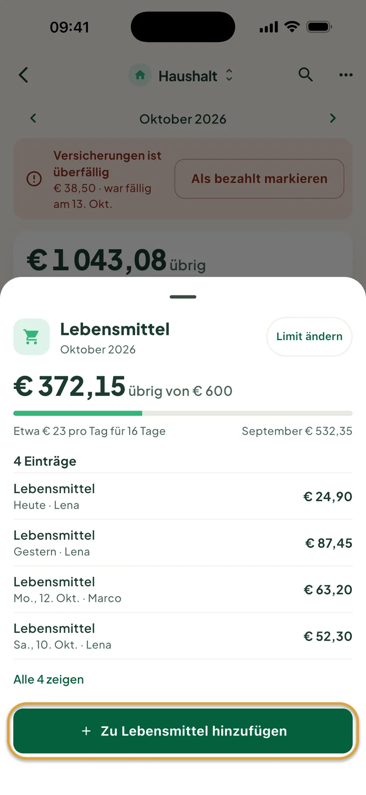 Das Blatt Lebensmittel: € 372,15 übrig von € 600 und vier Einträge. Die Taste Zu Lebensmittel hinzufügen ist eingekreist.