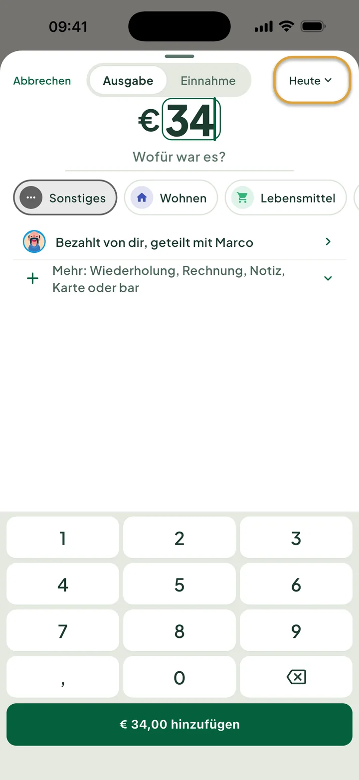 Eine Ausgabe von € 34 wird mit dem Ziffernblock eingetragen. Die Taste Heute oben ist eingekreist.