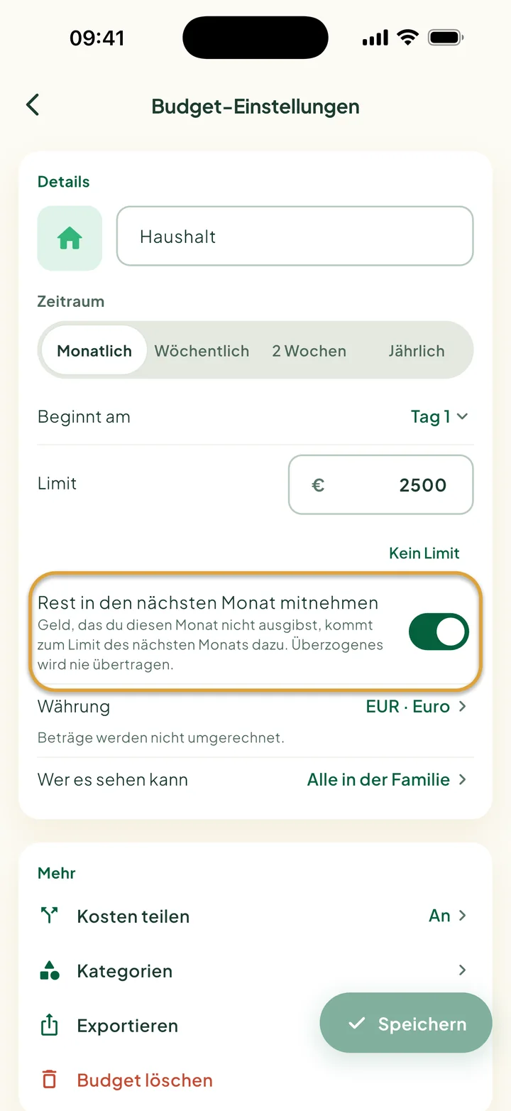 Budget-Einstellungen mit eingeschaltetem Rest in den nächsten Monat mitnehmen. Der Schalter ist eingekreist.