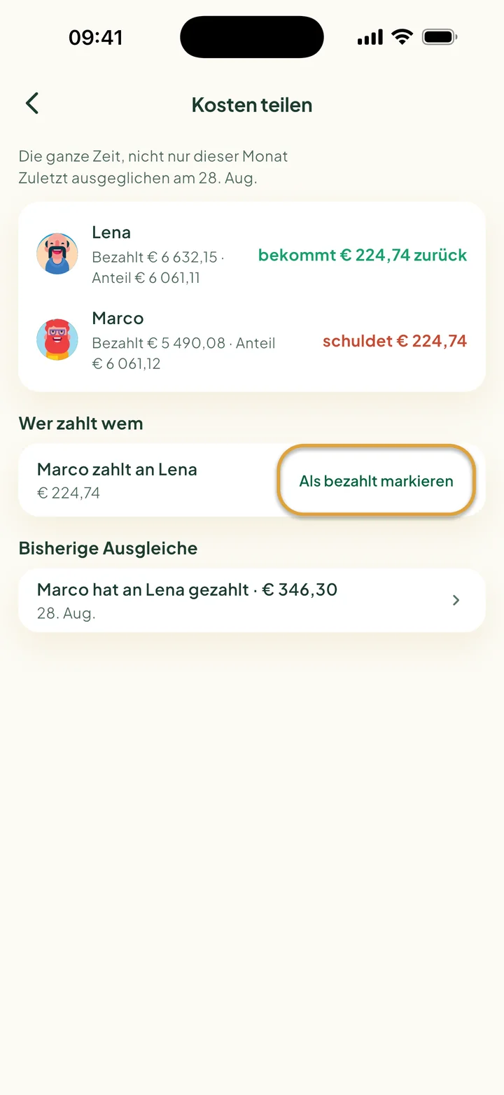 Der Bildschirm Kosten teilen. Marco zahlt an Lena € 224,74. Die Taste Als bezahlt markieren ist eingekreist.