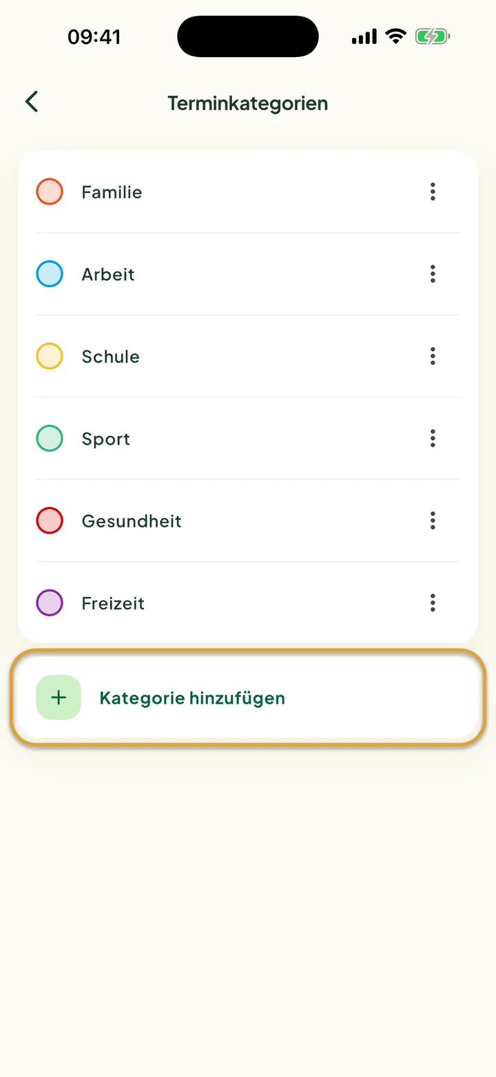 Der Bildschirm Terminkategorien mit sechs Kategorien. Die Zeile Kategorie hinzufügen ist eingekreist.