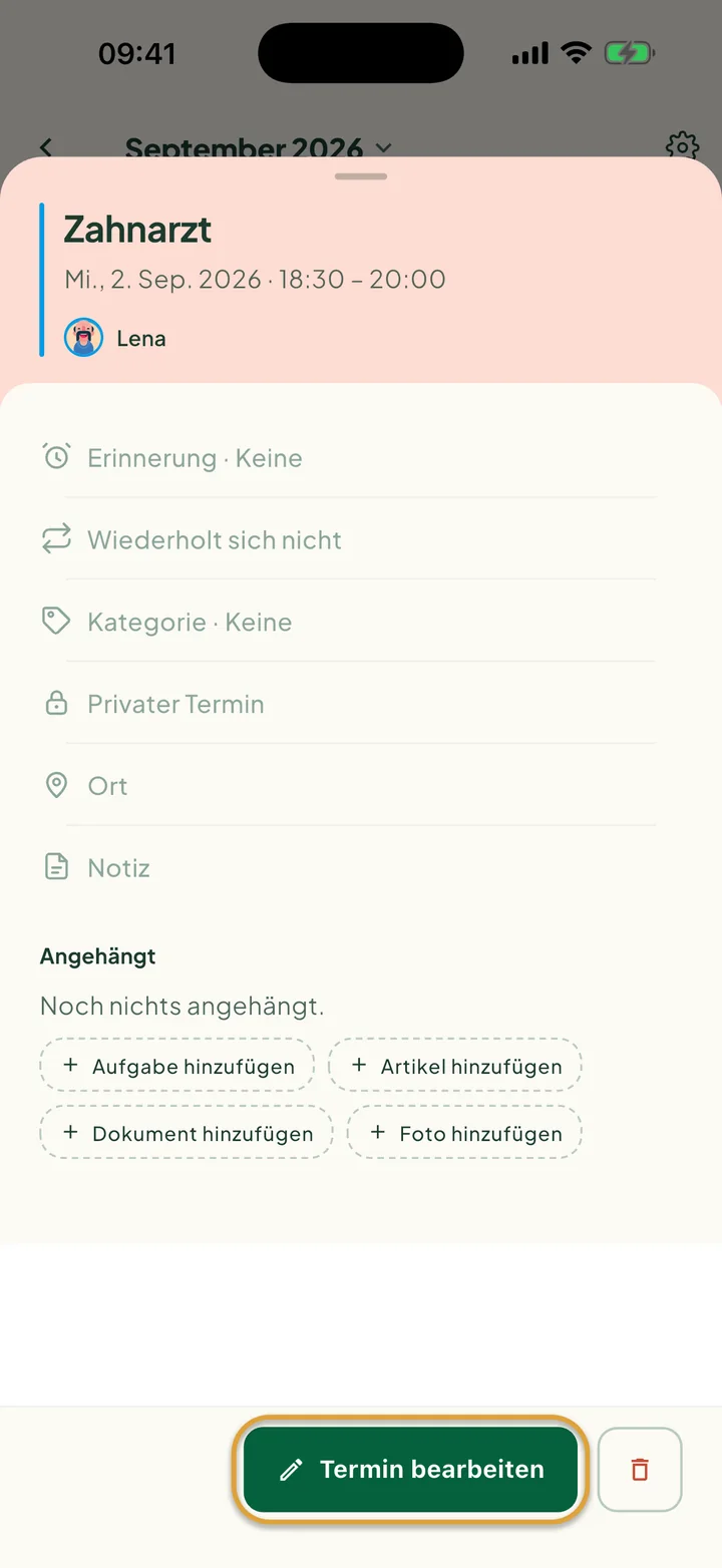 Ein Termin, aus dem Kalender geöffnet. Der Button Termin bearbeiten ist eingekreist, daneben der Löschen-Button.