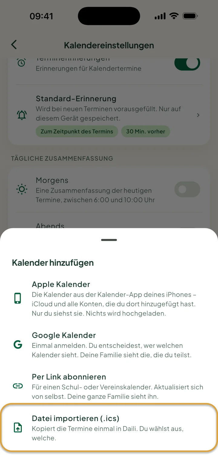 Das Fenster Kalender hinzufügen in den Kalendereinstellungen. Datei importieren (.ics) ist eingekreist.