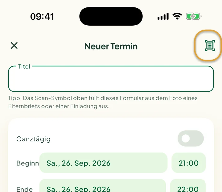 Der Bildschirm Neuer Termin. Das Scan-Symbol oben rechts ist eingekreist.