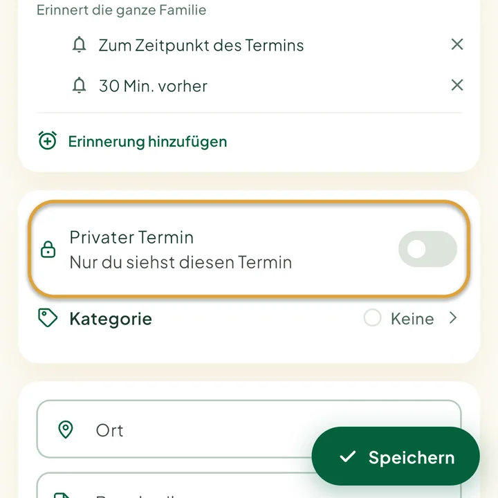 Das Terminformular. Der Schalter Privater Termin ist eingekreist.