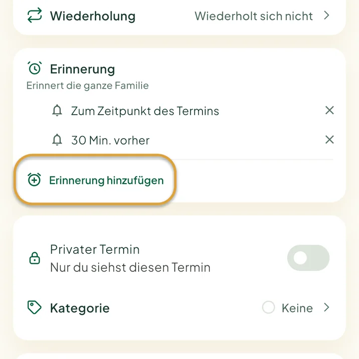 Der Abschnitt Erinnerung im Terminformular mit zwei Erinnerungen. Der Button Erinnerung hinzufügen ist eingekreist.