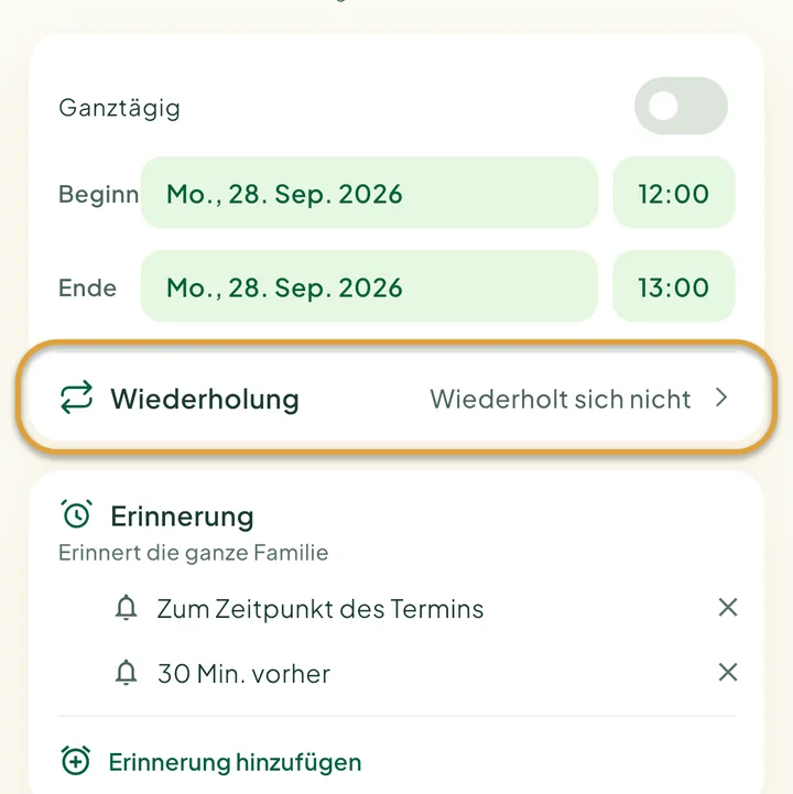 Das Formular für einen neuen Termin. Die Zeile Wiederholung ist eingekreist.