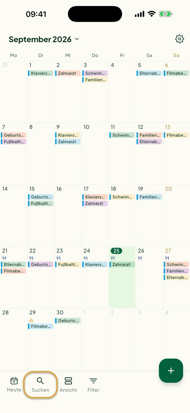 Der Kalender in der Monatsansicht. Der Button Suchen in der unteren Leiste ist eingekreist.