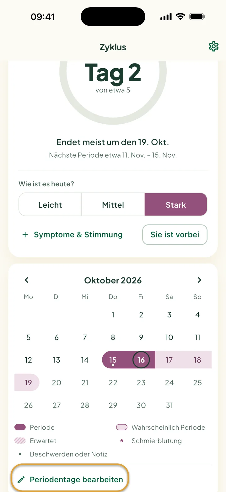 Der Monat in Zyklus an Periodentag 2: ein Band am 15.–16. Okt., helle Tage danach und Heute mit Ring. Periodentage bearbeiten ist eingekreist.
