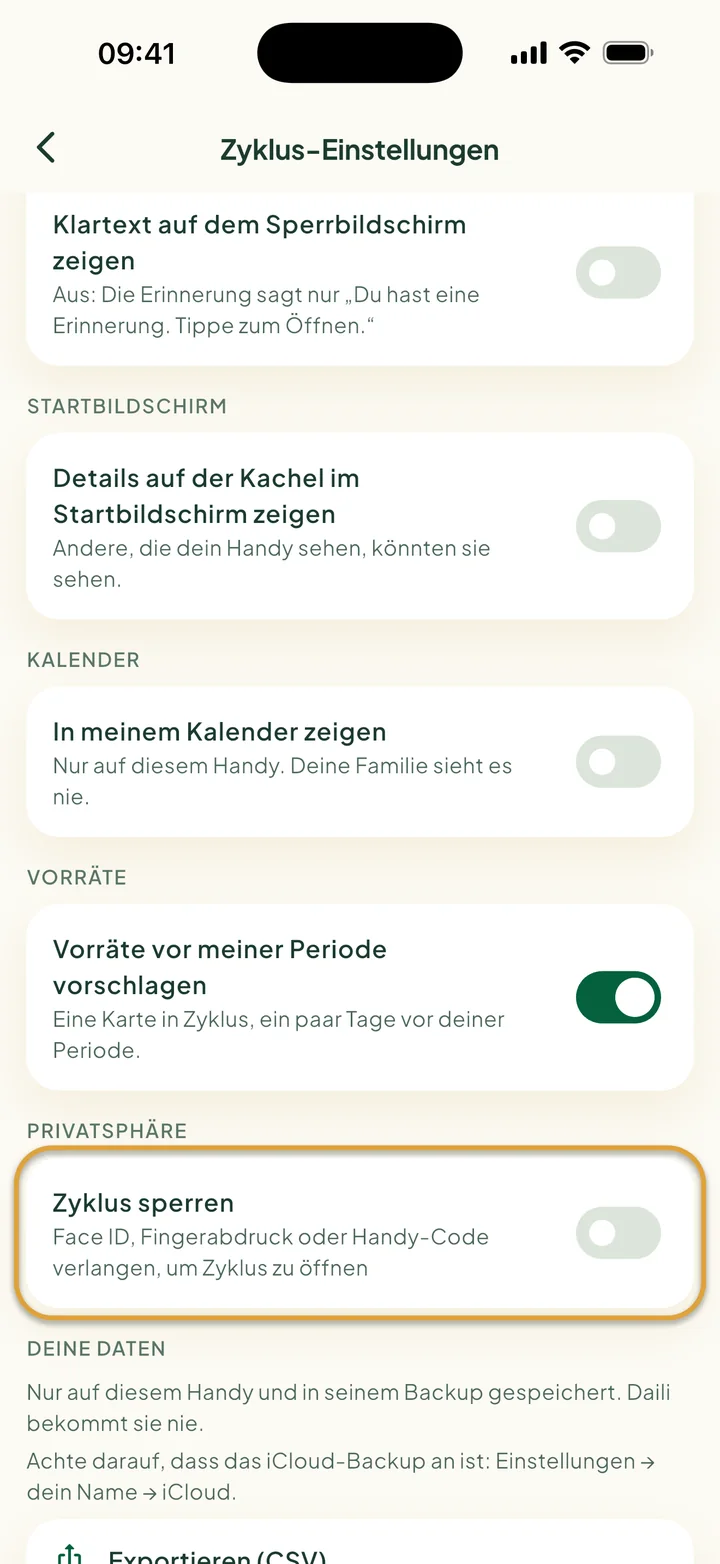Zyklus-Einstellungen mit In meinem Kalender zeigen und dem Schalter für Vorräte. Zyklus sperren ist eingekreist.