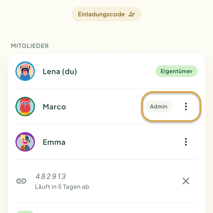 Die Liste der Mitglieder auf dem Familienbildschirm mit den Rollen Eigentümer und Admin. Die Rolle Admin und der Button ⋮ neben Marco sind eingekreist.