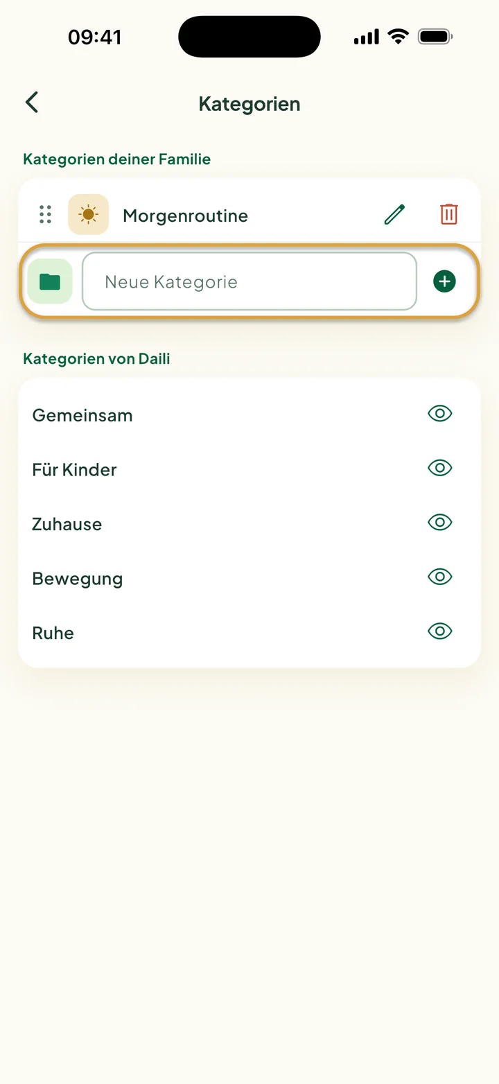 Der Bildschirm Kategorien mit der Kategorie Morgenroutine. Das Feld Neue Kategorie ist eingekreist.