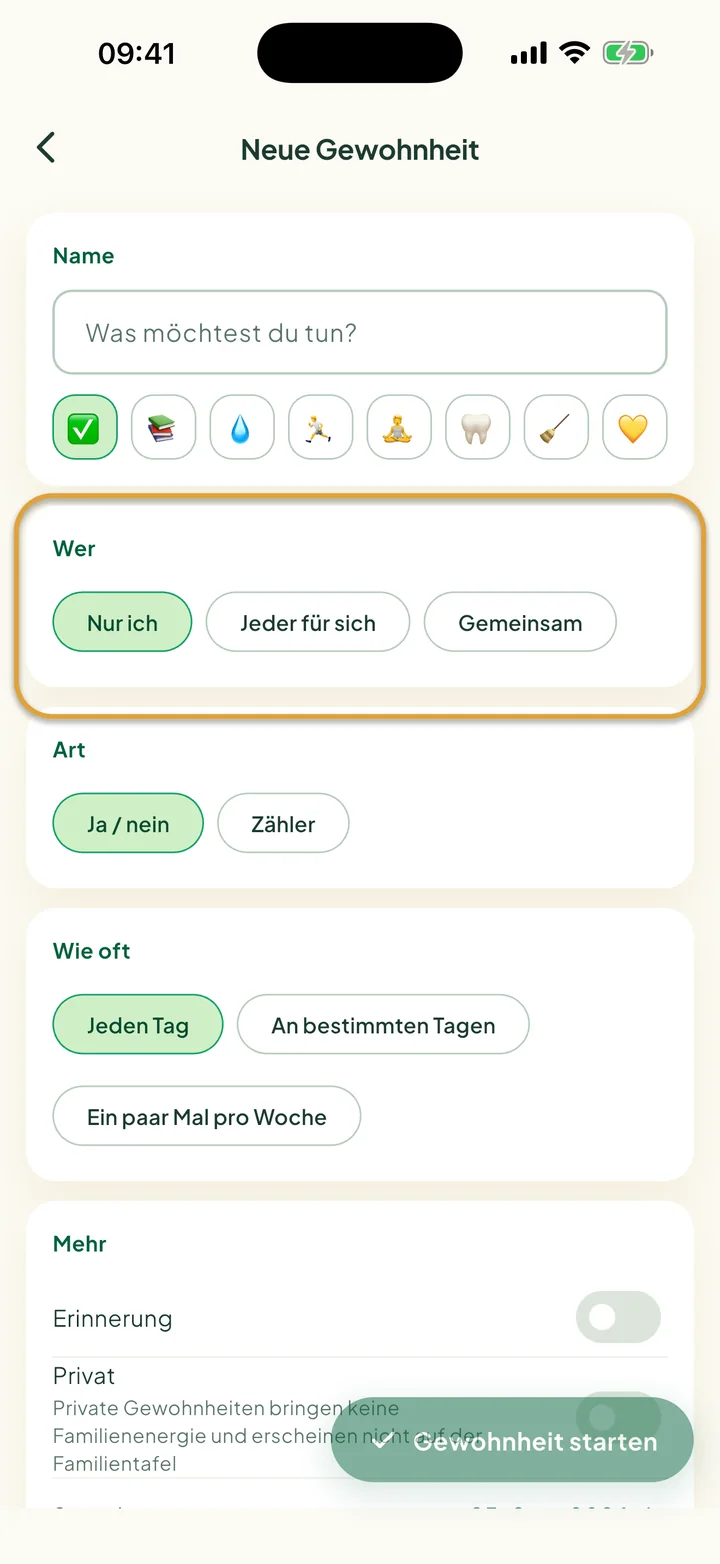 Das Formular für eine neue Gewohnheit. Die Auswahl bei Wer, Nur ich, Jeder für sich und Gemeinsam, ist eingekreist.