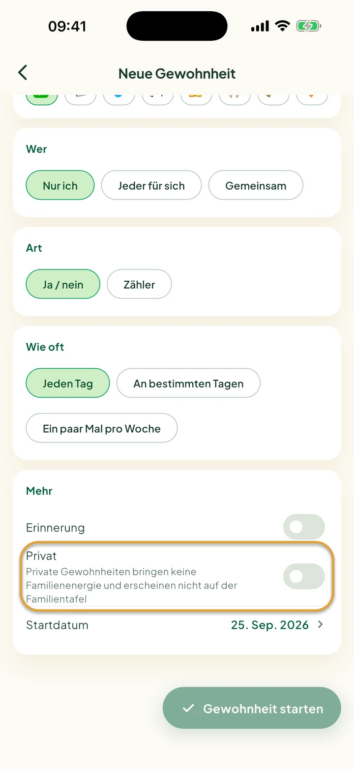 Der Teil Mehr im Formular für eine neue Gewohnheit. Der Schalter Privat ist eingekreist.