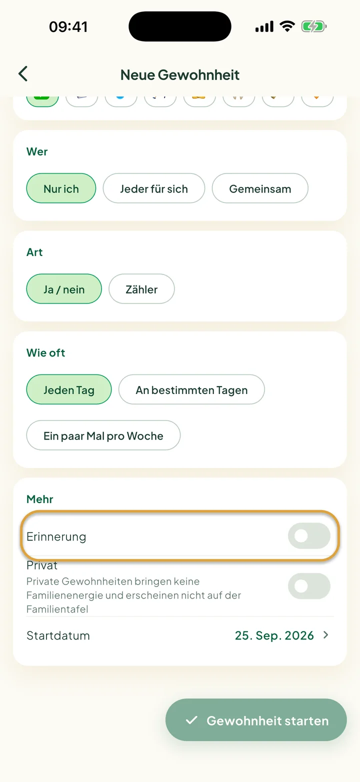 Der Teil Mehr im Formular für eine neue Gewohnheit. Der Schalter Erinnerung ist eingekreist.
