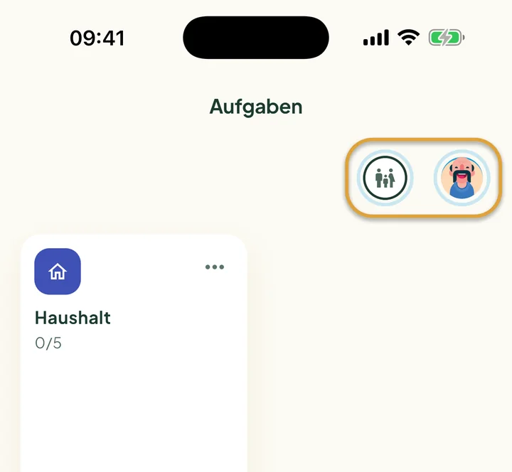Der obere Teil des Bildschirms Aufgaben. Der Familienkreis und dein eigenes Bild oben rechts sind eingekreist.