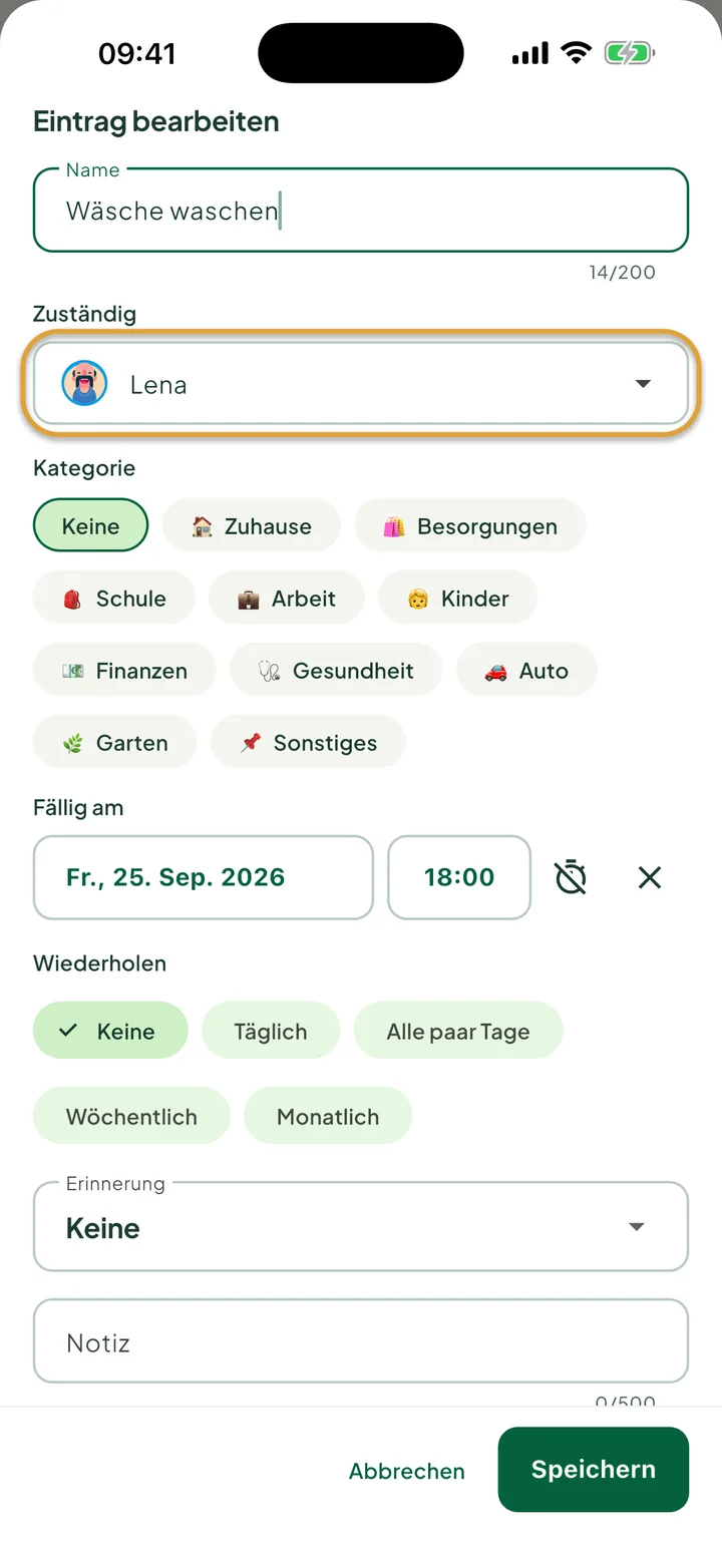 Das Fenster zum Bearbeiten einer Aufgabe. Das Feld Zuständig, auf Lena gesetzt, ist eingekreist.