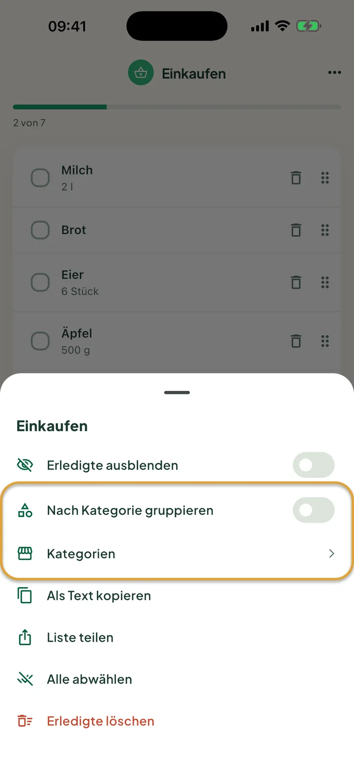 Das Menü ⋯ der Liste Einkaufen. Der Schalter Nach Kategorie gruppieren und die Zeile Kategorien sind eingekreist.