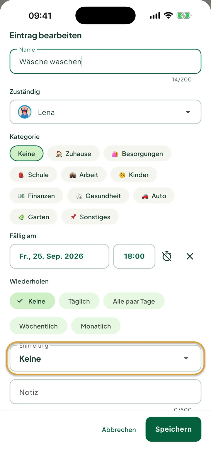 Das Fenster zum Bearbeiten einer Aufgabe mit Fälligkeitsdatum und Uhrzeit. Das Feld Erinnerung ist eingekreist.