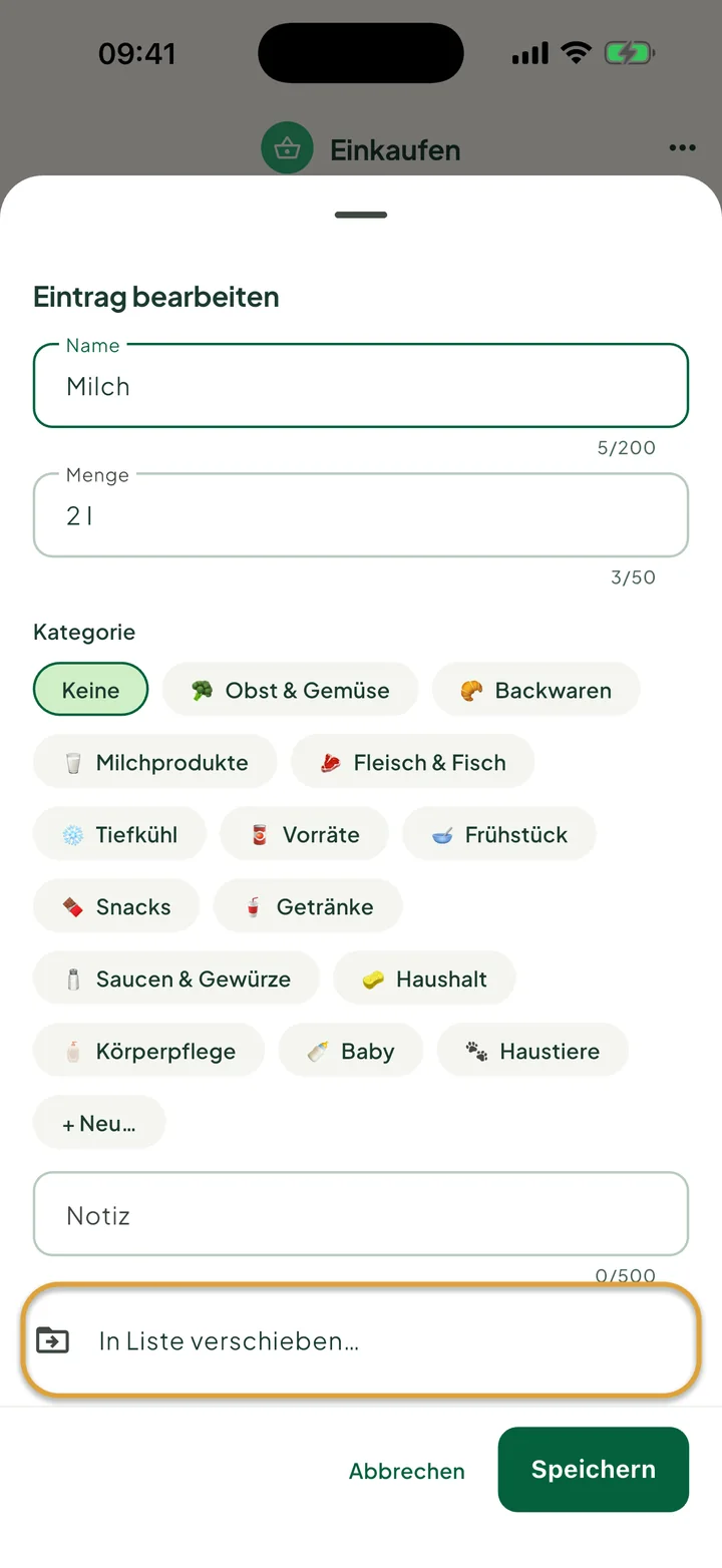 Das Fenster zum Bearbeiten von Milch. Die Zeile In Liste verschieben… ist eingekreist.