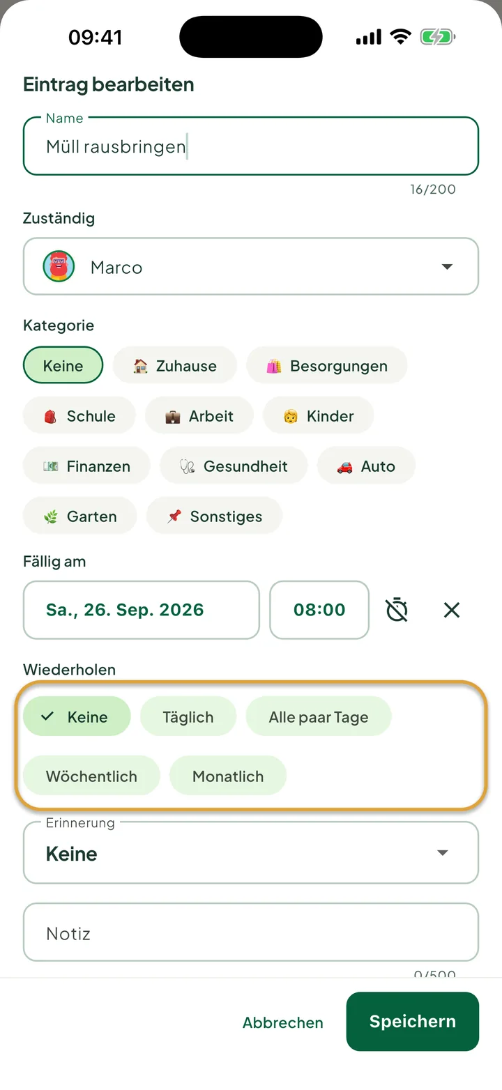 Das Fenster zum Bearbeiten einer Aufgabe. Die Auswahl bei Wiederholen, Keine, Täglich, Alle paar Tage, Wöchentlich und Monatlich, ist eingekreist.