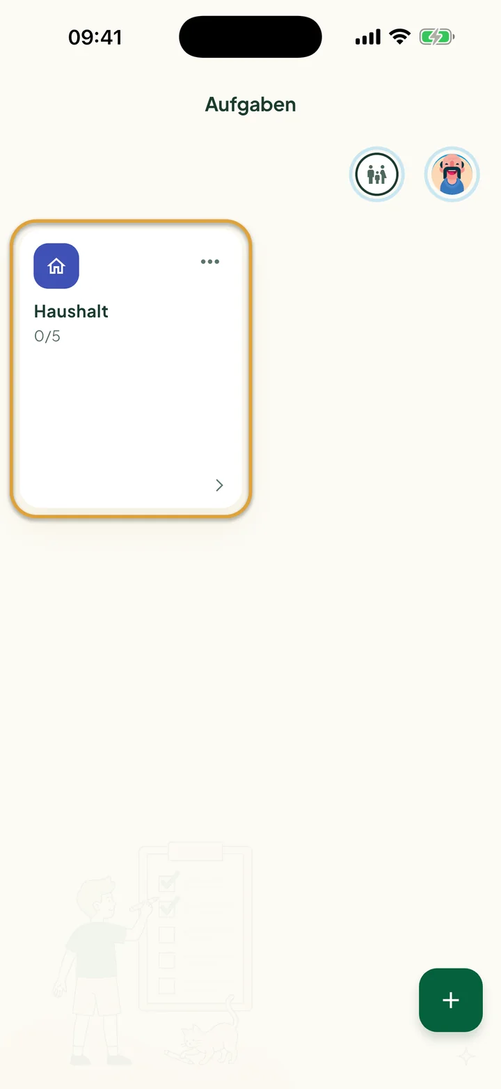Der Bildschirm Aufgaben mit einer Liste. Die Karte der Liste Haushalt ist eingekreist.
