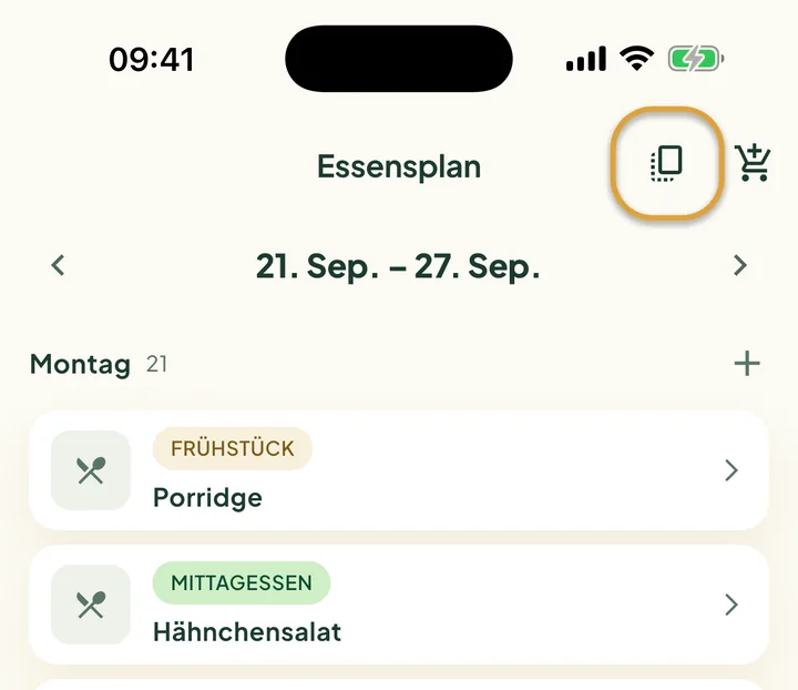 Der obere Teil des Essensplans. Der Kopieren-Button neben dem Einkaufswagen ist eingekreist.