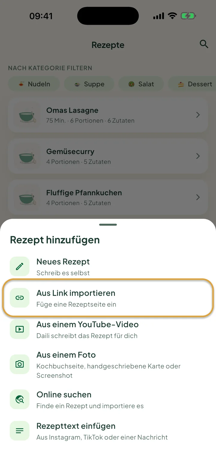 Der Bildschirm Rezepte mit dem geöffneten Menü +. Aus Link importieren ist eingekreist.
