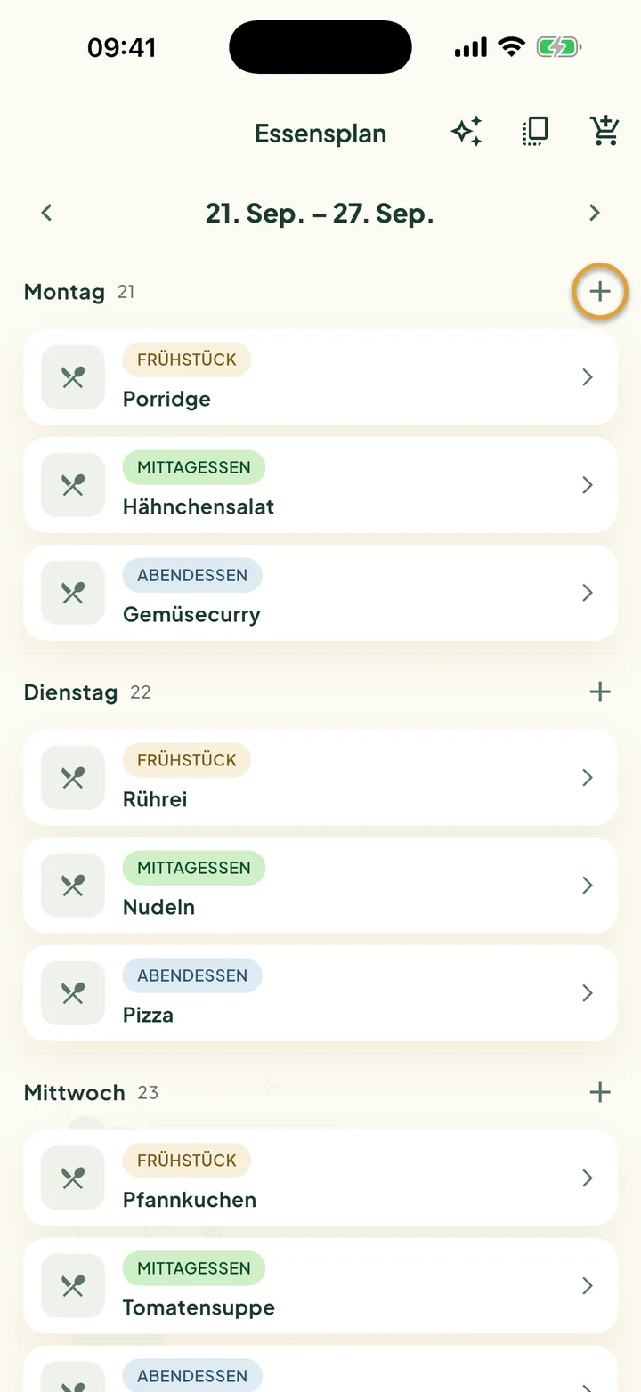 Der Essensplan für eine Woche. Das + neben Montag ist eingekreist.