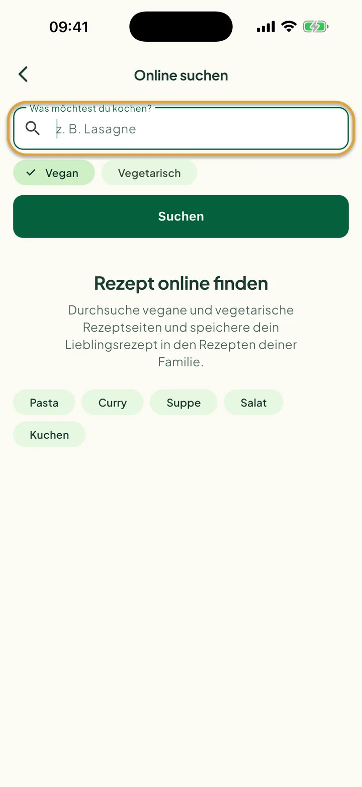Der Bildschirm Online suchen. Das Suchfeld für das, was du kochen möchtest, ist eingekreist.