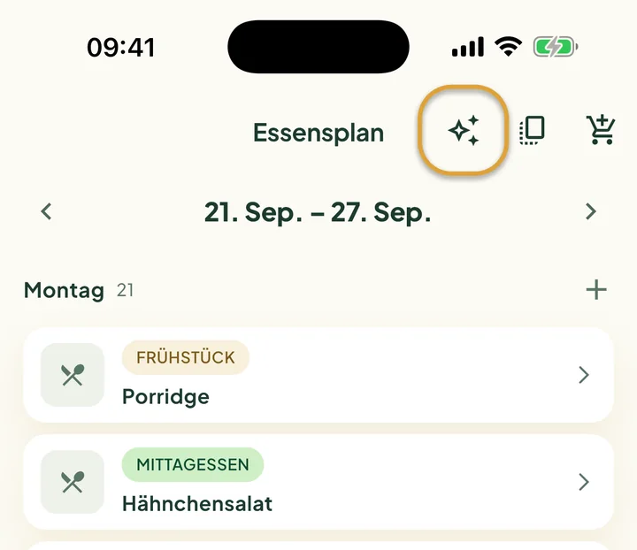 Der obere Teil des Essensplans. Das Funkel-Symbol neben dem Kopier-Button ist eingekreist.