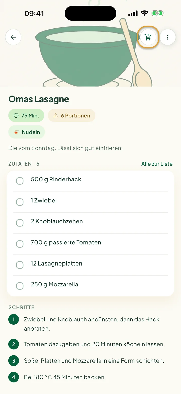 Ein Rezept mit seinen Zutaten. Der Einkaufswagen-Button oben ist eingekreist.