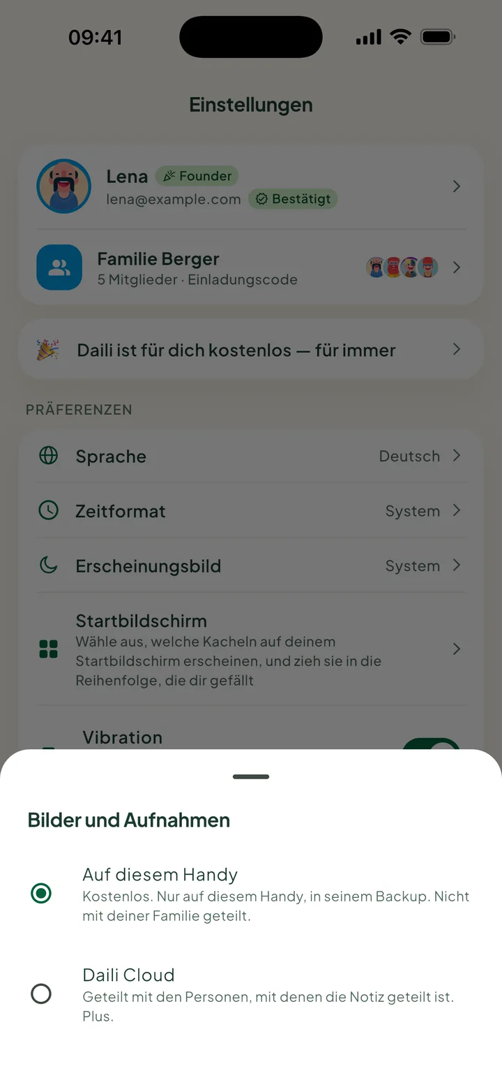 Bilder und Aufnahmen, mit Auf diesem Handy ausgewählt und Daili Cloud darunter.
