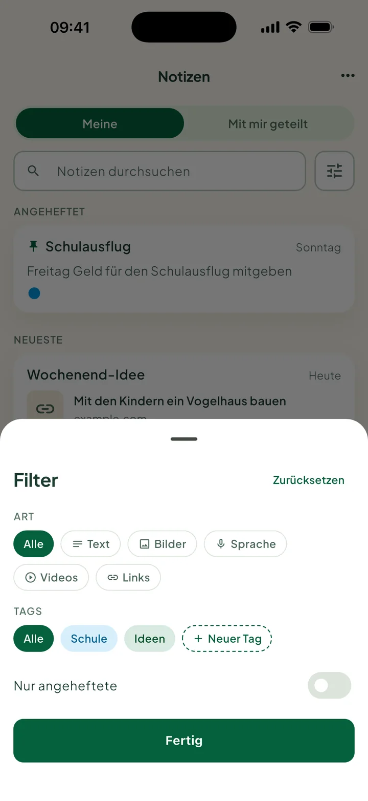 Das Fenster Filter: Art, Tags mit Neuer Tag und Nur angeheftete.