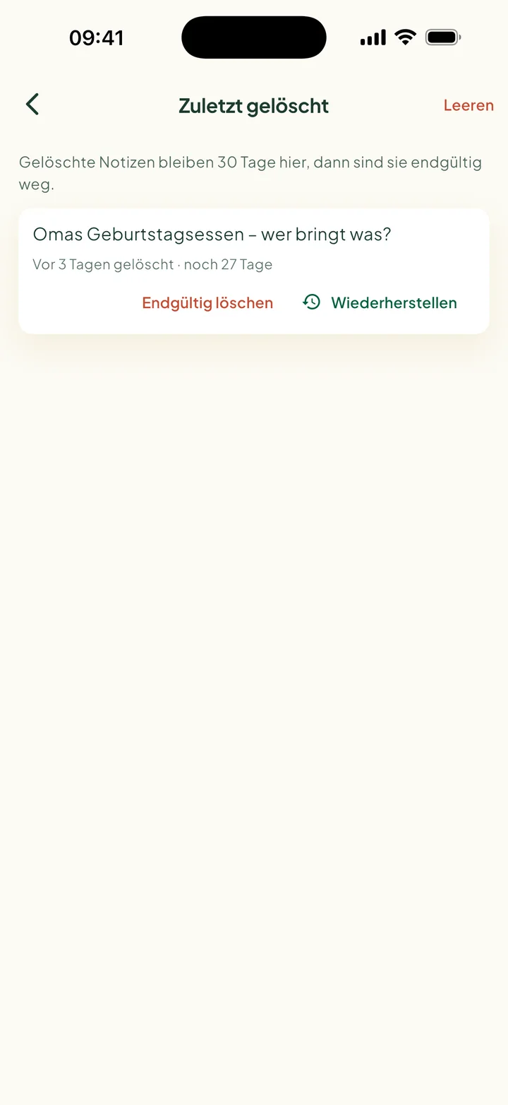 Zuletzt gelöscht. Eine Notiz, in 27 Tagen weg, mit Endgültig löschen und Wiederherstellen.