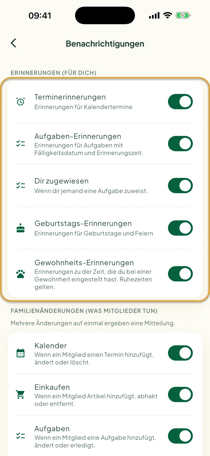Der Bildschirm Benachrichtigungen. Die Gruppe Erinnerungen (für dich) mit ihren fünf Schaltern ist eingekreist.
