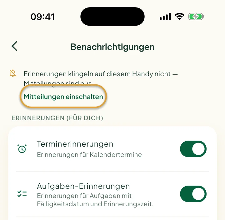 Der obere Teil des Bildschirms Benachrichtigungen mit dem Hinweis, dass Benachrichtigungen aus sind. Mitteilungen einschalten ist eingekreist.