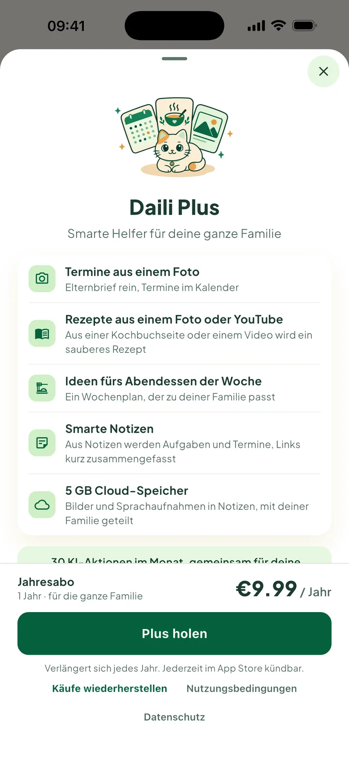 Das Fenster Daili Plus: was du bekommst, der Jahrespreis und der Button Plus holen.