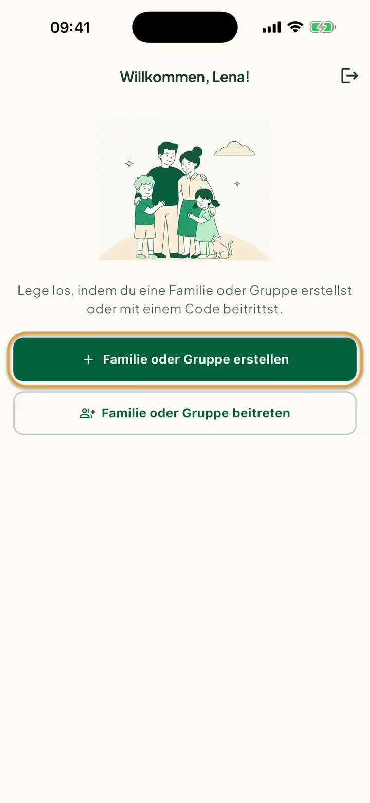 Der Willkommensbildschirm für neue Nutzer. Der Button Familie oder Gruppe erstellen ist eingekreist.