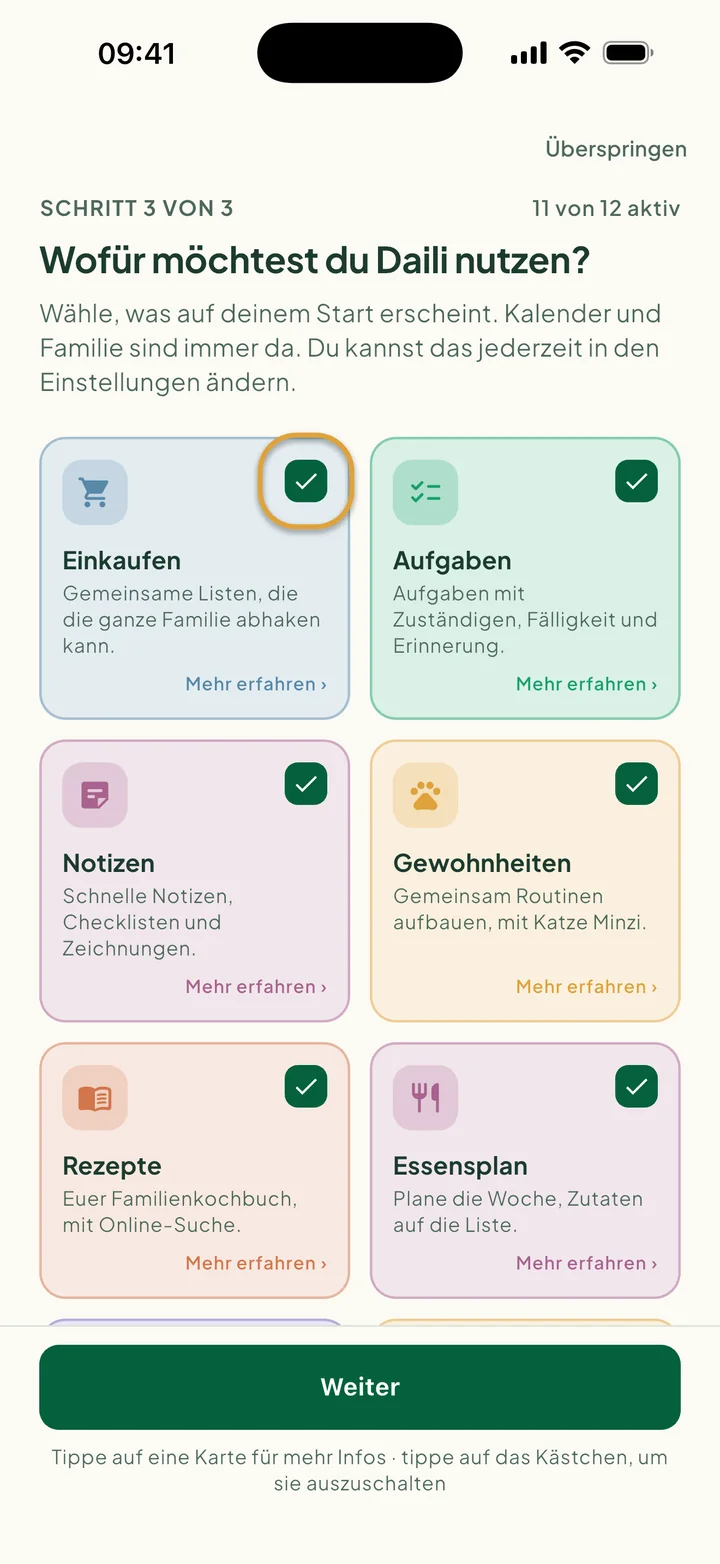 Die Funktionskarten. Das Kästchen auf der Karte Einkaufen ist eingekreist.