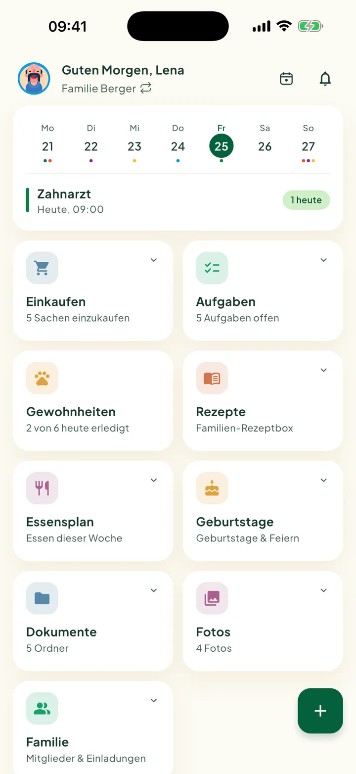Der Startbildschirm mit der Wochenkarte und den Kacheln